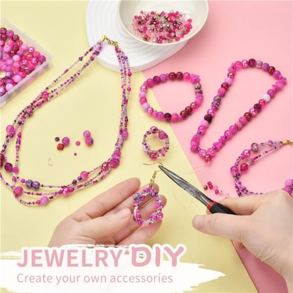 Rired 27 8mm Round Glass Beads Kit, Craft Beads for Bracelet Making, Hot Pink - Picture 4 of 7